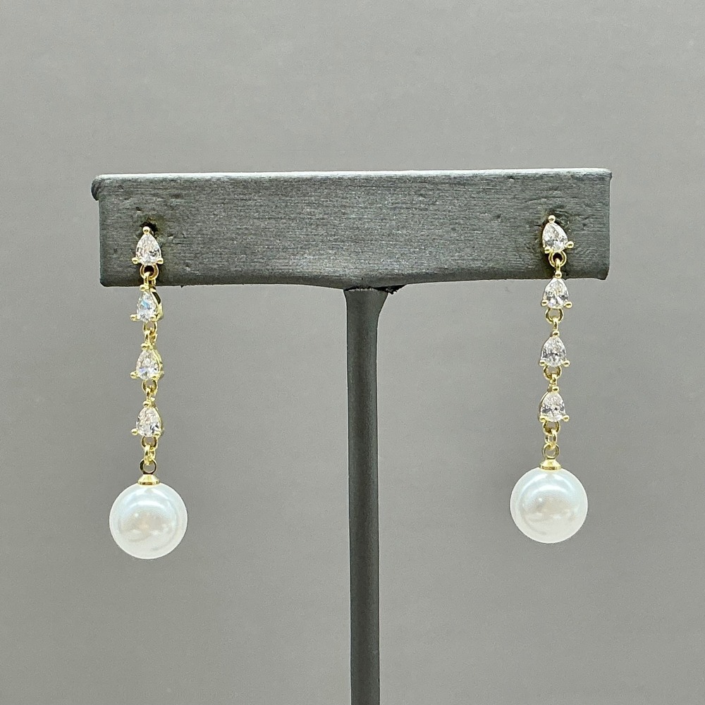 Faux Pearl Drop Earrings Women Gold Tone Cubic Zirconia Dangle Bridal Wedding